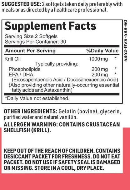 supplement facts label for Krill Oil softgels