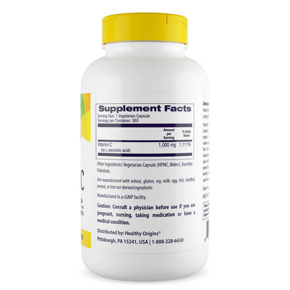 Healthy Origins Vitamin C 1000mg 360 Veggie Capsules - Your Daily Defense for Immune, Skin and Cellular Health